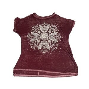 Joei & I Mandala Butterfly Top Womens XL Burgundy Cold Shoulder Burnout Tee